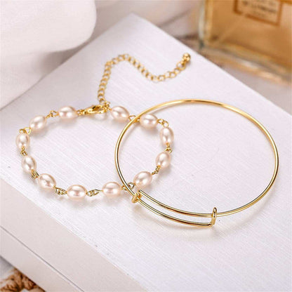 Pearl & Goldtone Adjustable Bangle Set