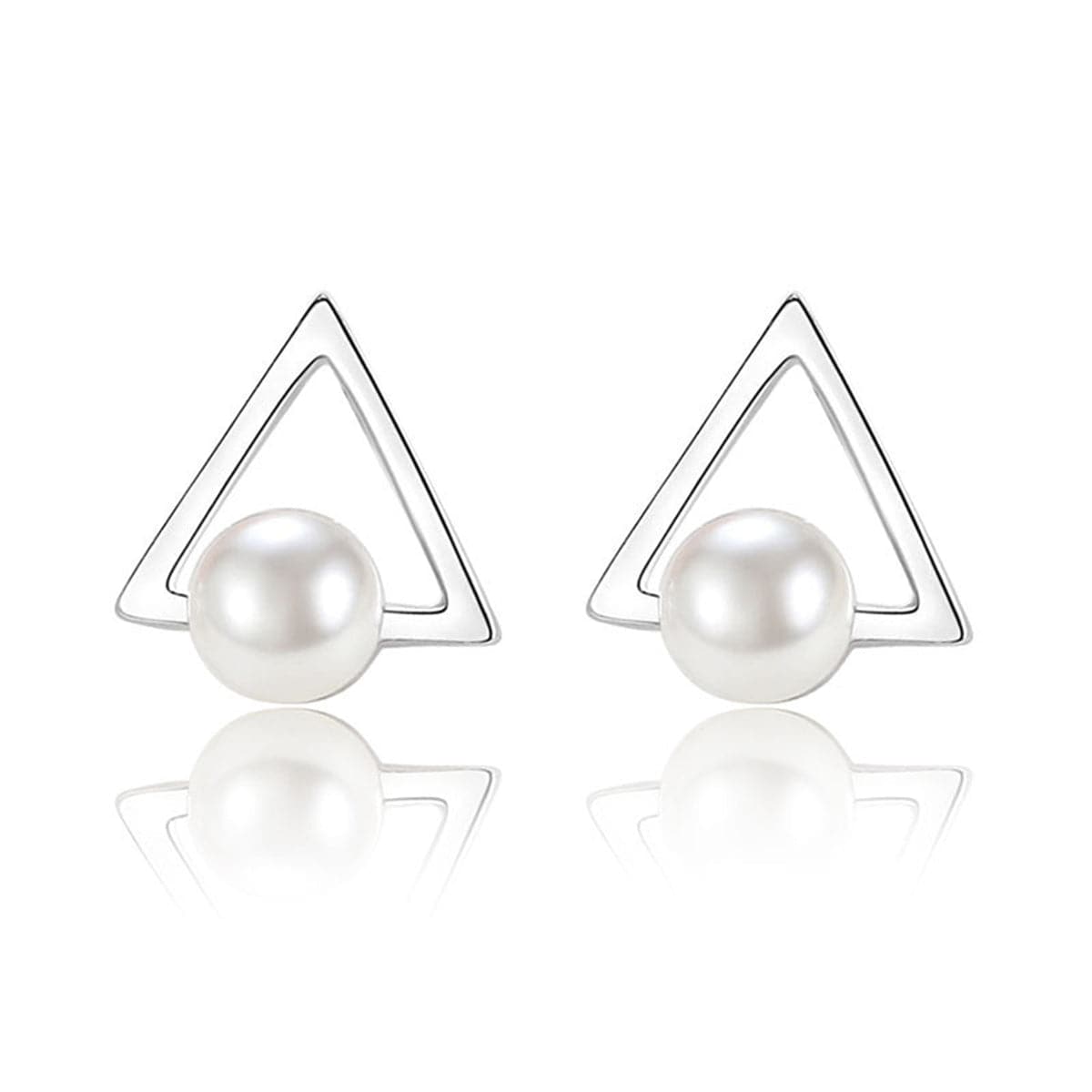 Pearl & Silvertone Hollow-Triangle Stud Earrings