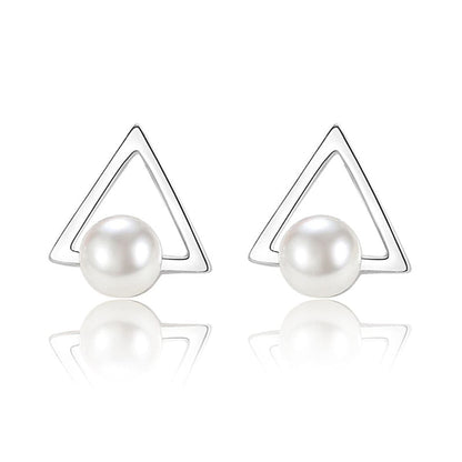 Pearl & Silvertone Hollow-Triangle Stud Earrings