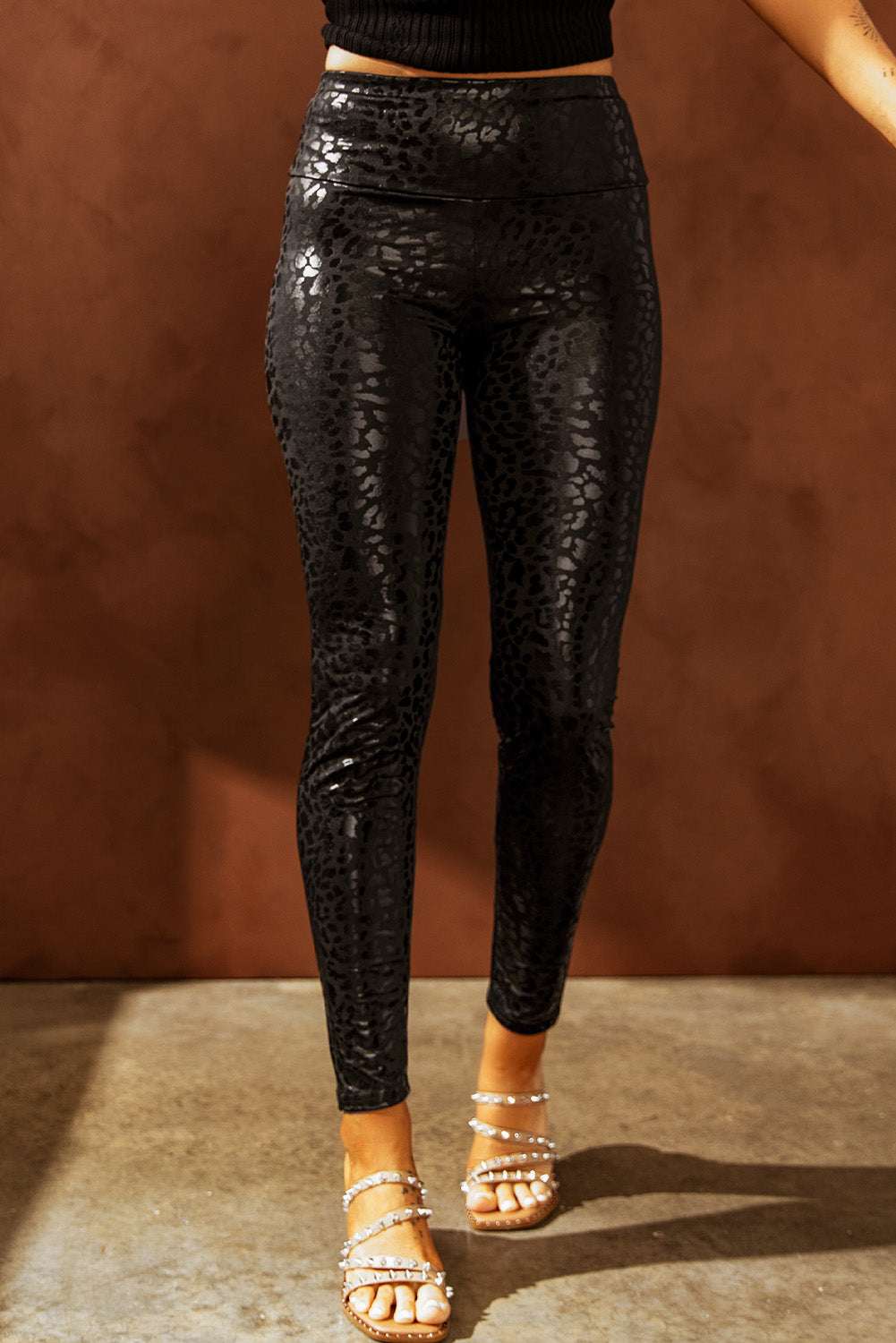Adelaide Shiny Leopard Textured Leggings - Black / M - 8/10