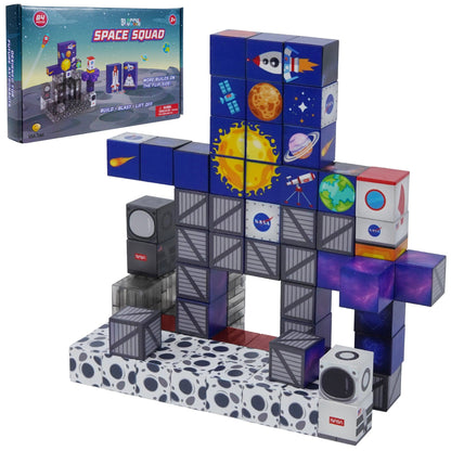 Blue, gray, red maganatic blocks-