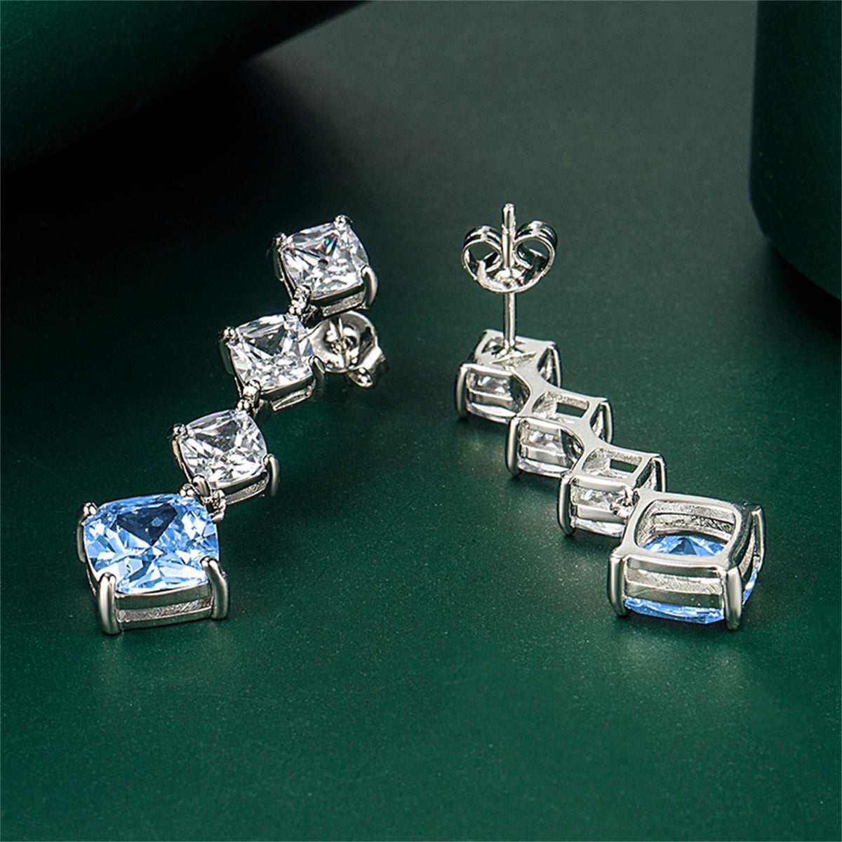 Blue Crystal & Silvertone Cushion-Cut Drop Earrings