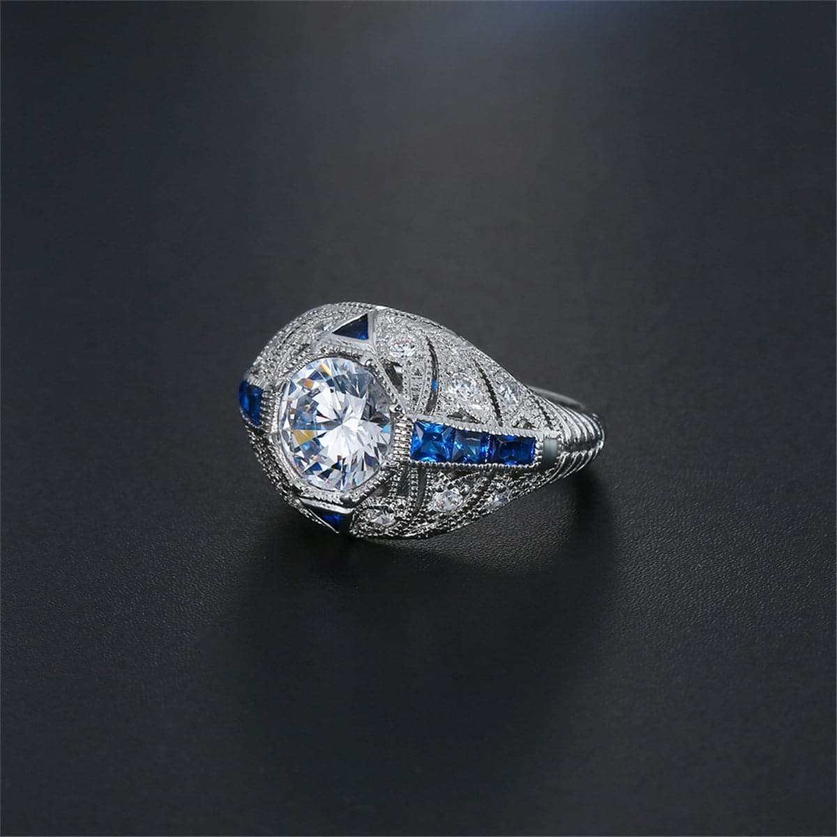 Blue & White Crystal Milgrain-Edge Ring