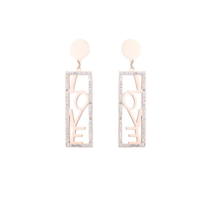 Cubic Zirconia & Rose Goldtone 'Love' Rectangle Drop Earrings
