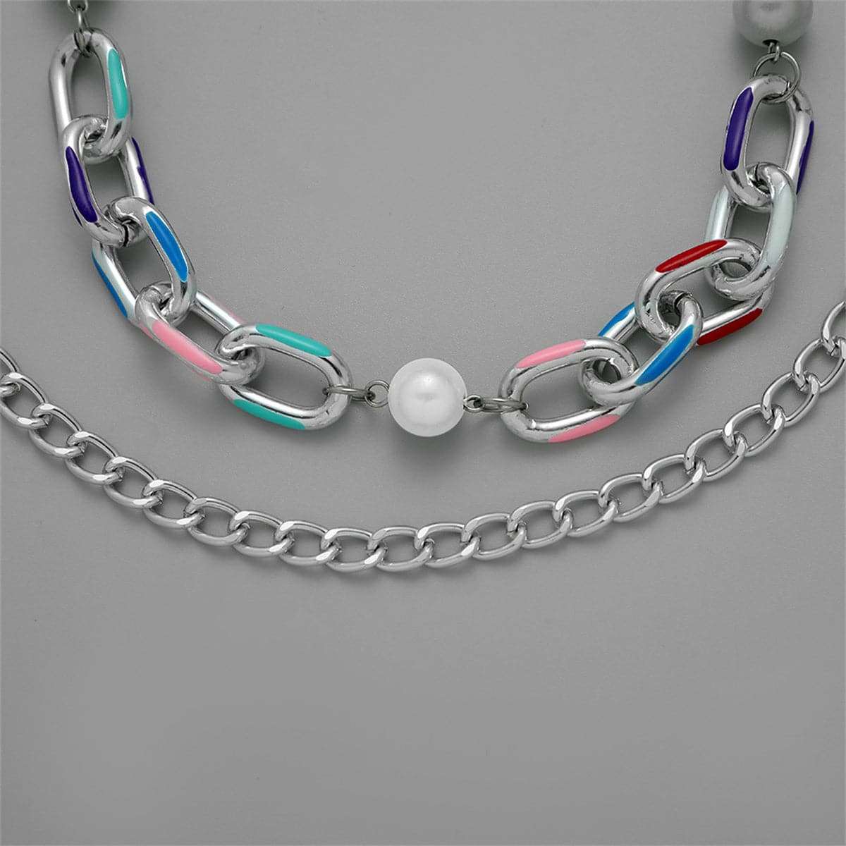 Pearl & Silvertone Curb Chain Necklace Set