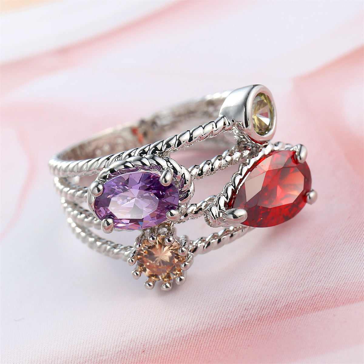 Red & Purple Cubic Zirconia & Crystal Stacked Ring-4