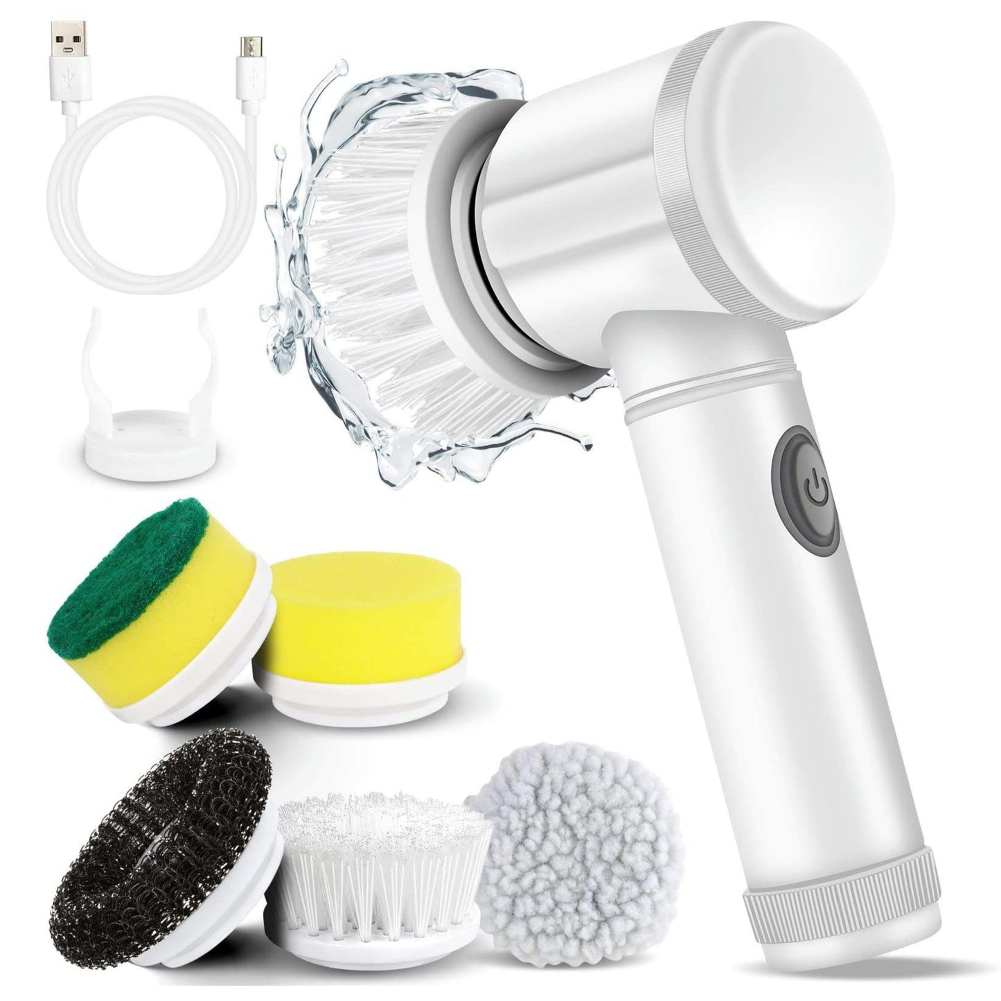 KENRO Cordless Electric Spin Scrubber – Handheld Dish Washing Brush with 5 Replaceable Heads - White