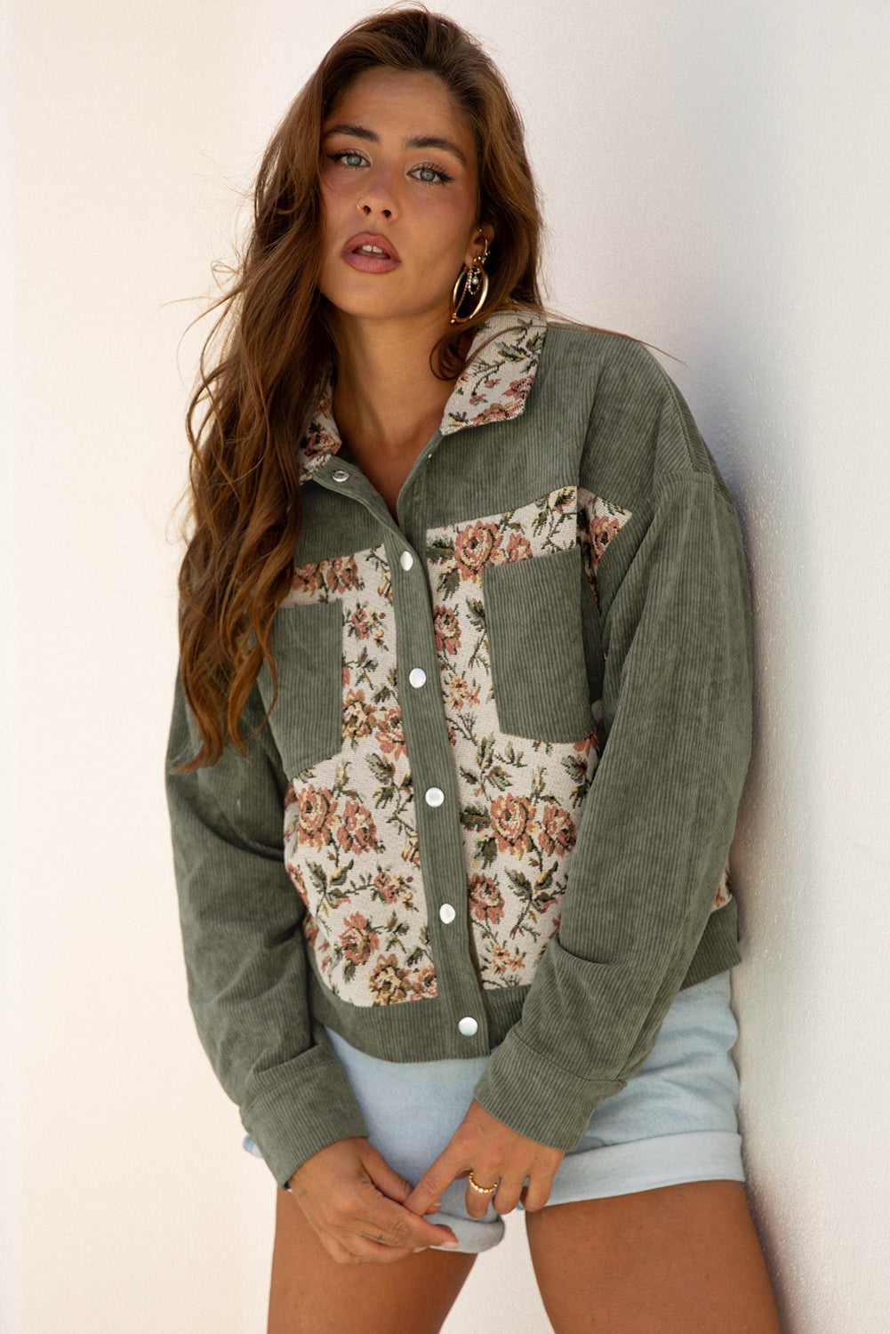 Evelyn Retro Floral Patchwork Shirt - Sage Green / M - 8/10