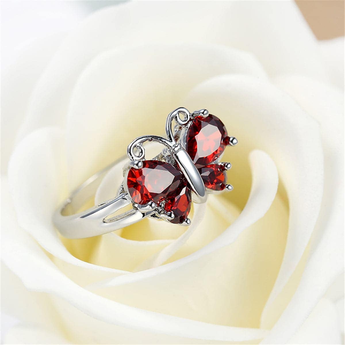Red Crystal & Silvertone Butterfly Ring-12