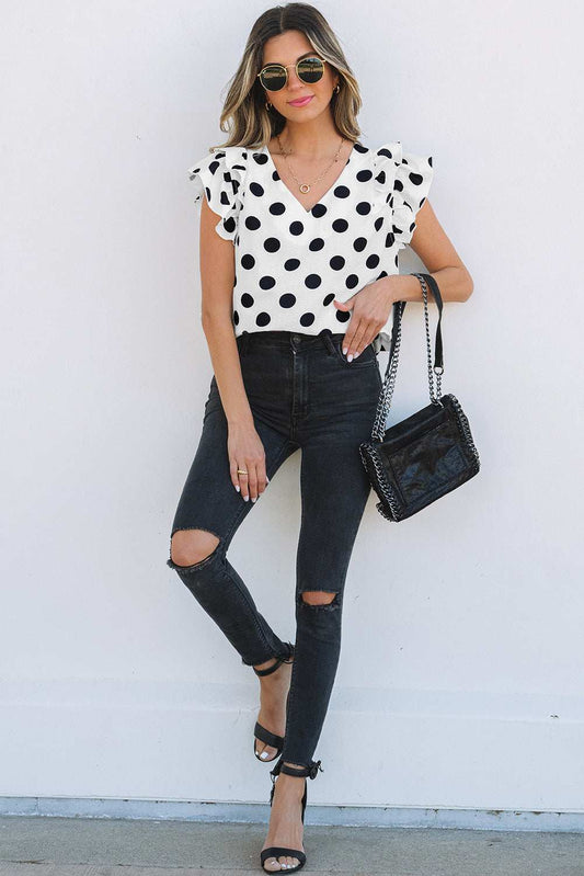 Threaded Pear Halo Polka Dot Ruffled Sleeve V Neck Blouse