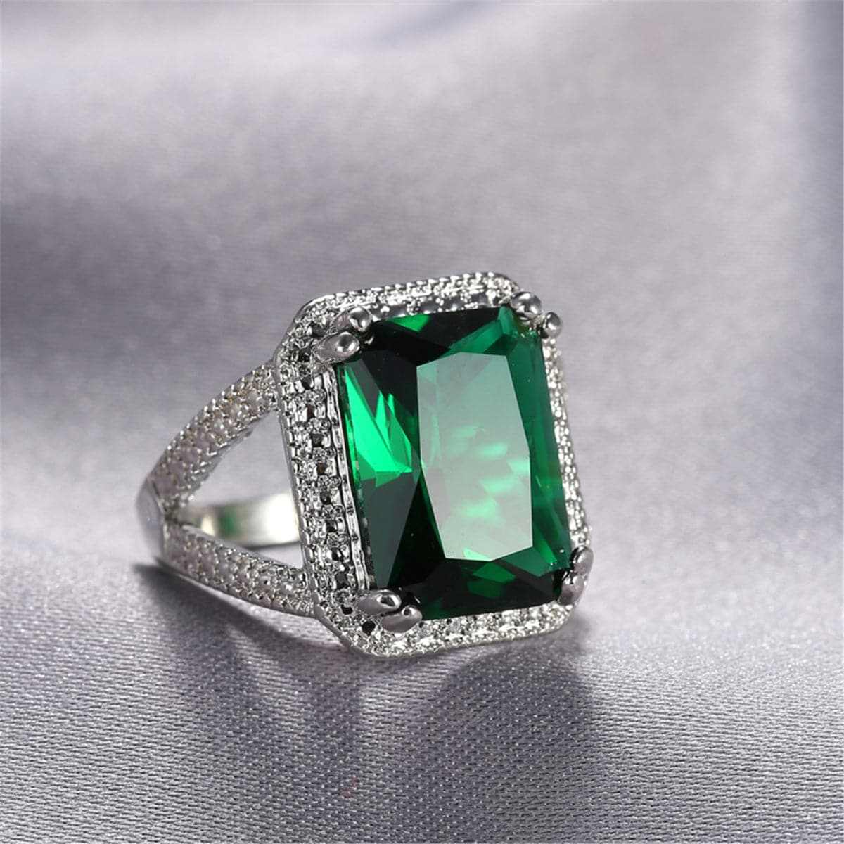 Green Crystal & Silvertone Princess Ring