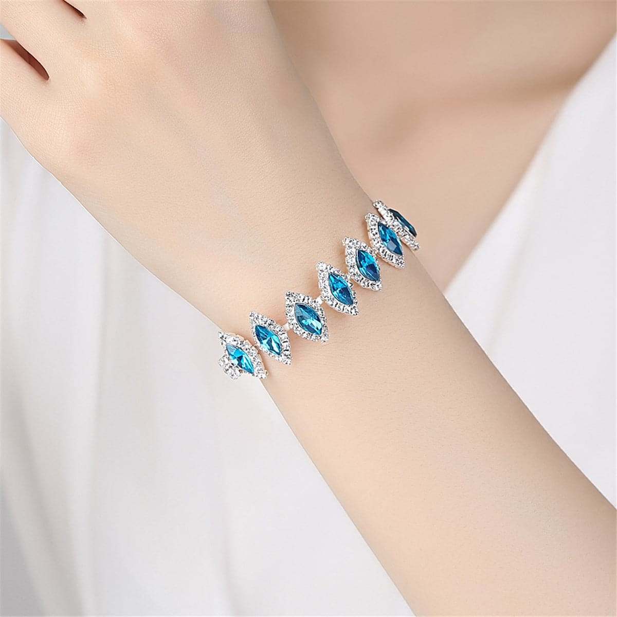 Blue Pear Crystal & Silvertone Station Bracelet