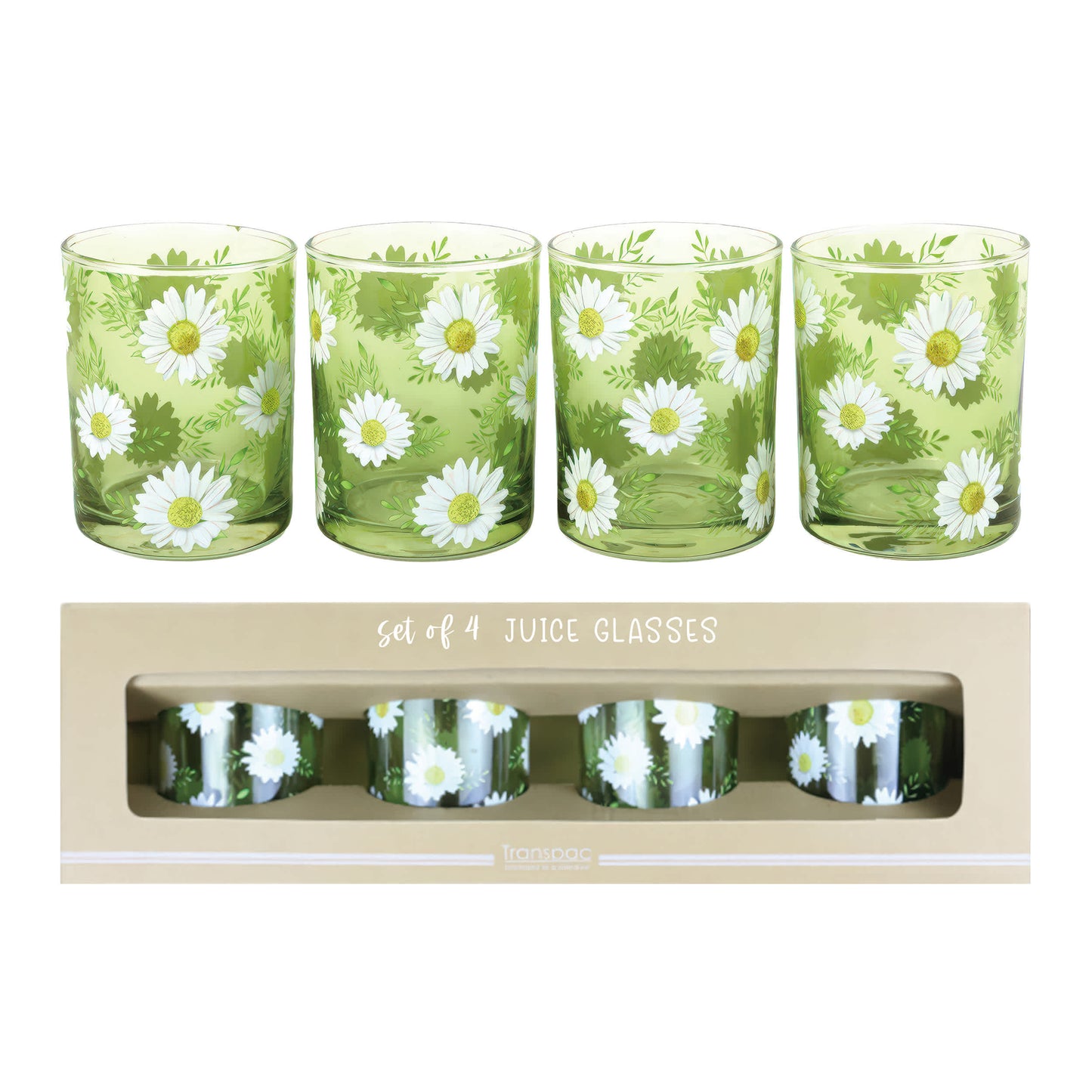 Glass Daisy Juice Glasses Set of 4 Wood Multicolored for Spring Serving and Entertaining