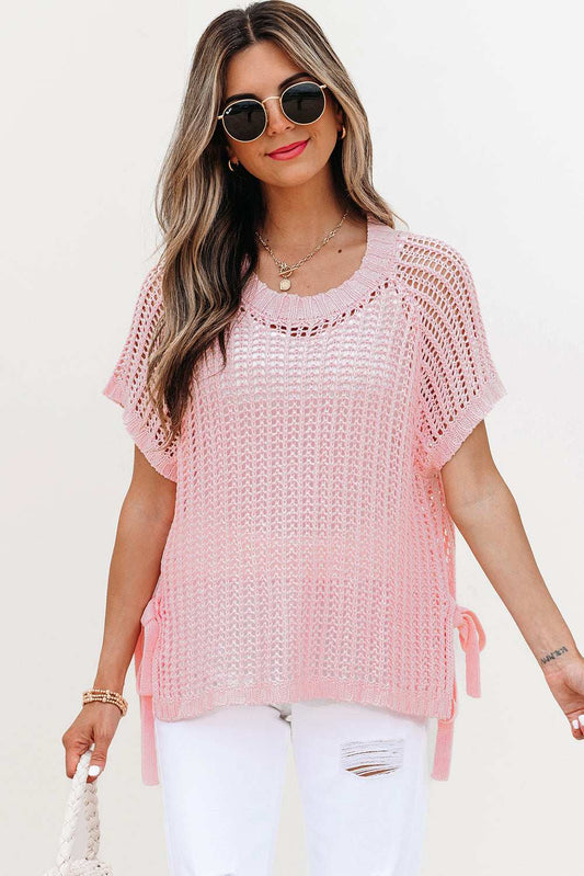 Threaded Pear Lettie Hollow-out Crochet Side Tied Short Sleeve Sweater