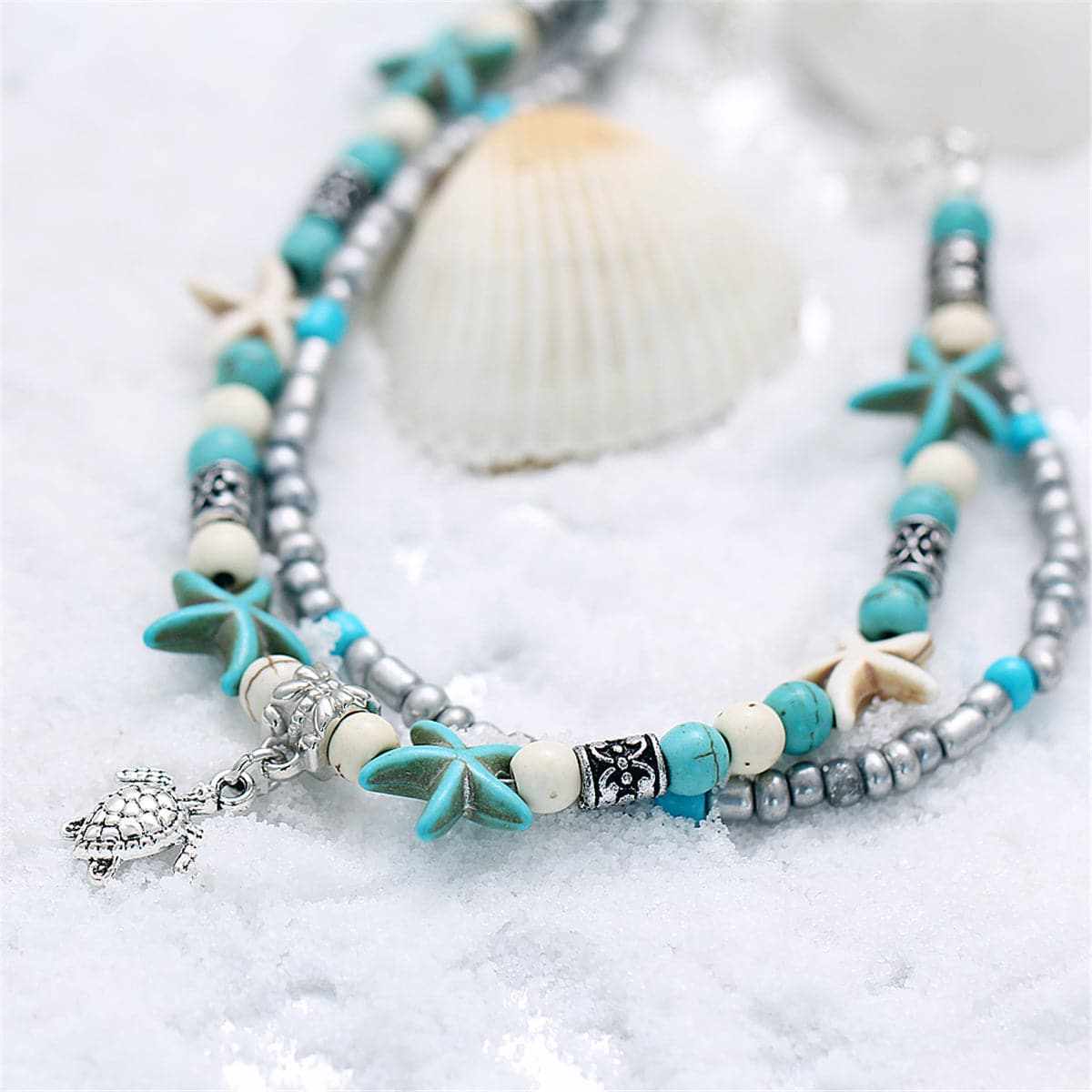 Turquoise & Silvertone Sea Turtle Layered Anklet