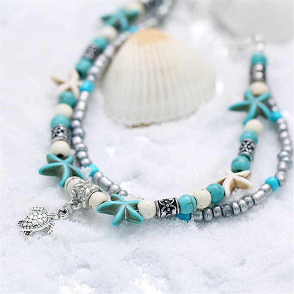 Turquoise & Silvertone Sea Turtle Layered Anklet