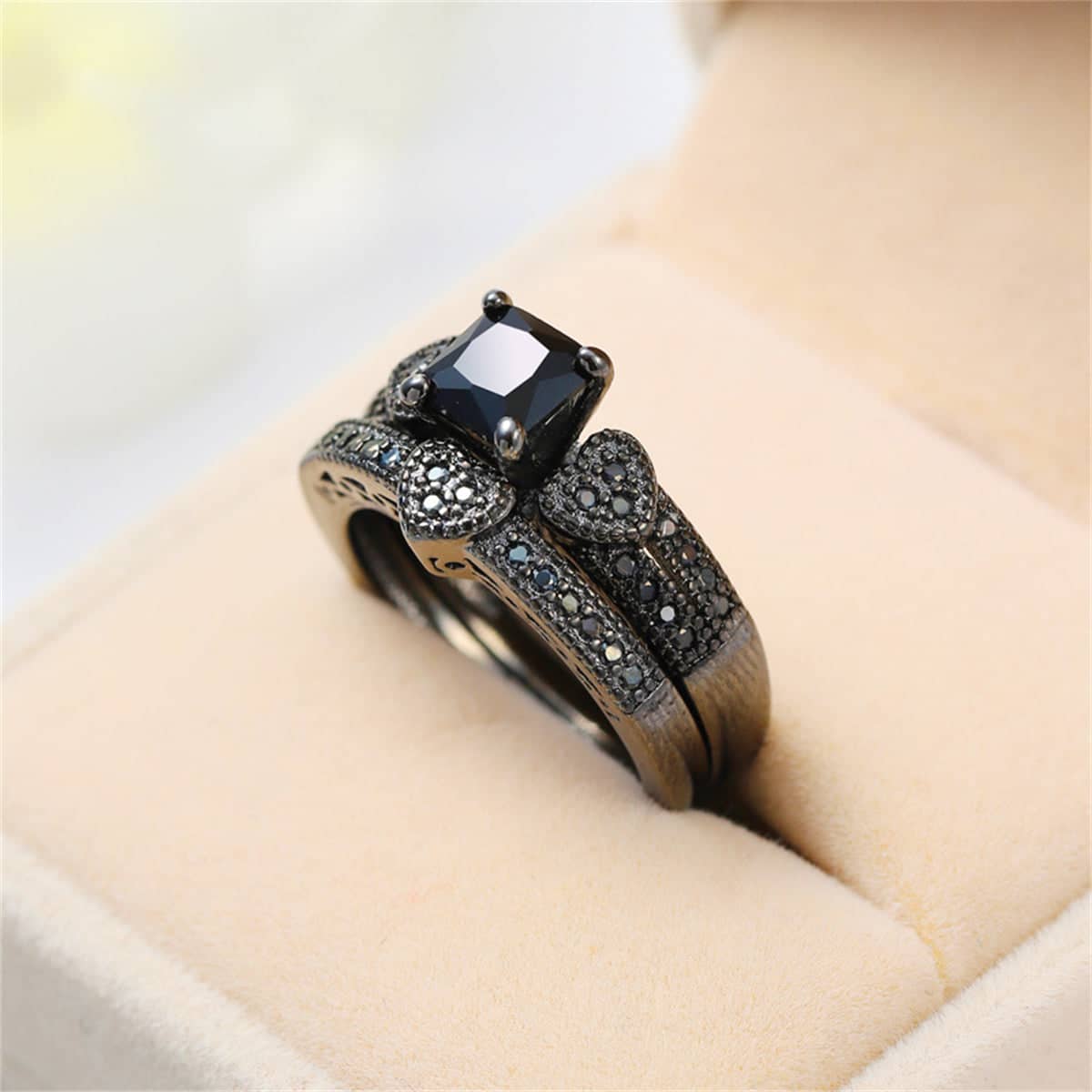 Black Crystal & Black Cubic Zirconia Heart Princess-Cut Ring & Pavé Band-5