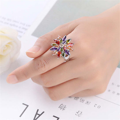 Multicolor Crystal & Silvertone Flower Ring