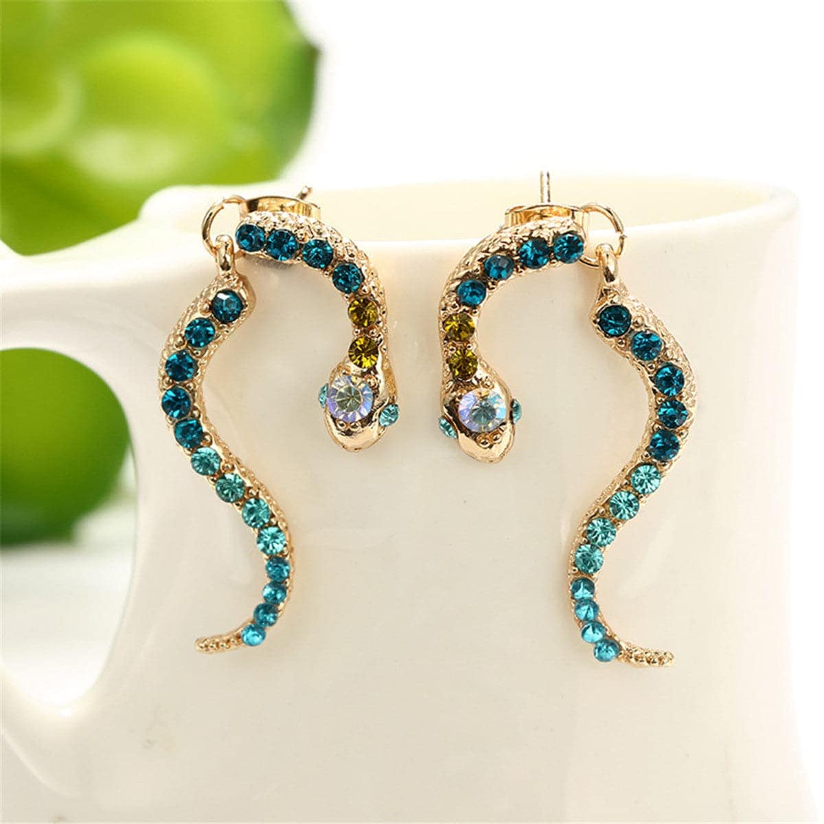 Blue Cubic Zirconia & Goldtone Snake Drop Earrings