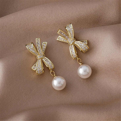 Cubic Zirconia & Pearl Goldtone Bow Dangle Drop Earrings