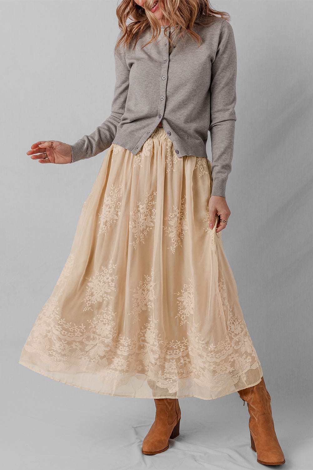 Threaded Pear Vivienne Embroidered Mesh Overlay Long Skirt