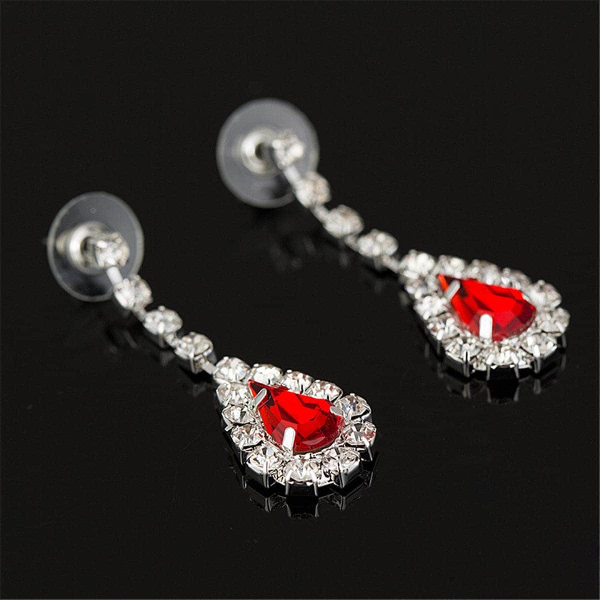 Red & Cubic Zirconia Pear Statement Necklace & Drop Earrings