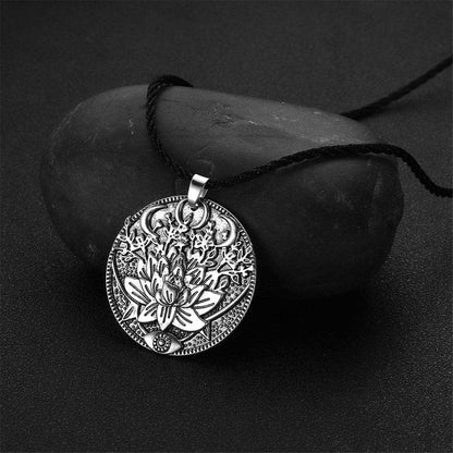 Silvertone Lotus Flower Engraved Pendant Necklace