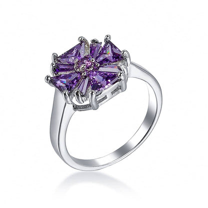 Purple Crystal & Silvertone Flower Ring-4