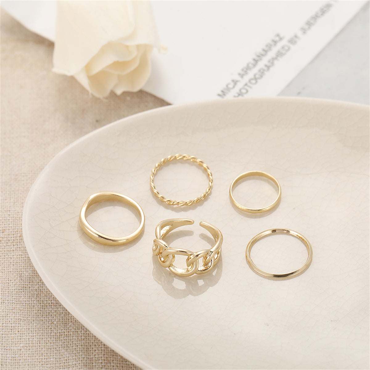Goldtone Cable Chain Open Ring Set