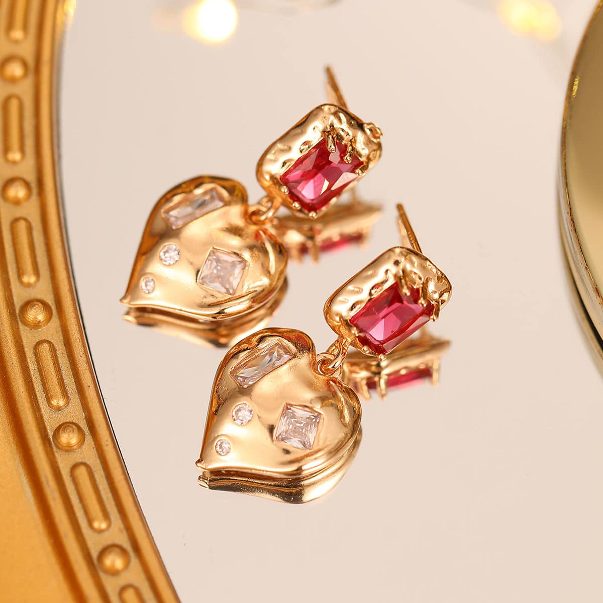 Pink Crystal & Cubic Zirconia Goldtone Heart Dangle Earrings