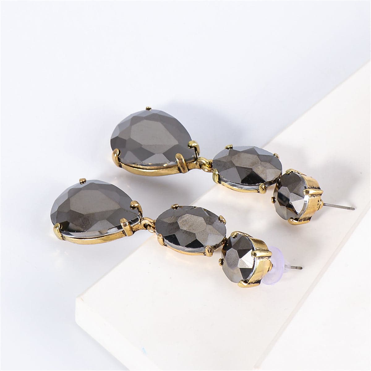 Gray Crystal & Goldtone Drop Earrings-1