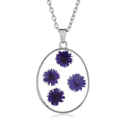Purple Pressed Peach Blossom & Silvertone Oval Pendant Necklace-2