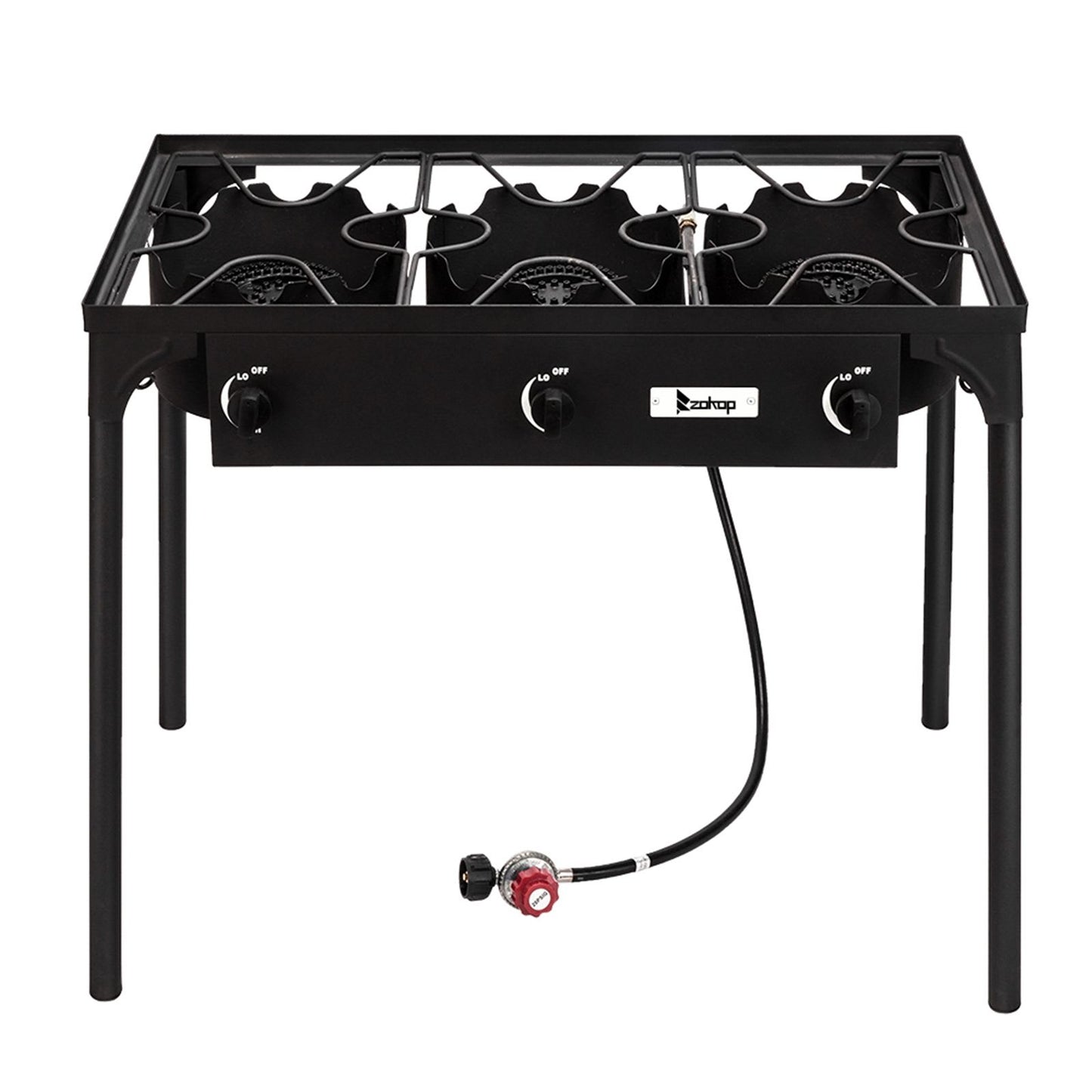InQ Boutique Outdoor Camp Stove High Pressure Propane Gas Cooker Portable Cast Iron Patio Cooking Burner (Three Burner 225000-BTU) - Black