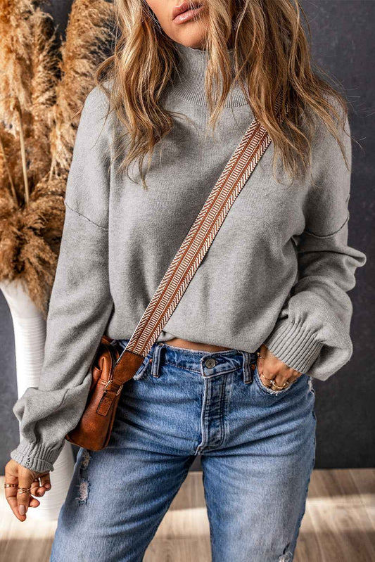 Threaded Pear Brielle Turtleneck Drop Shoulder Bubble Sleeve Knit Sweater