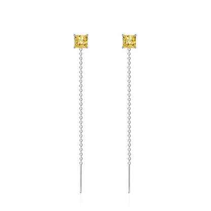 Yellow Crystal & Silvertone Cube Threader Earrings