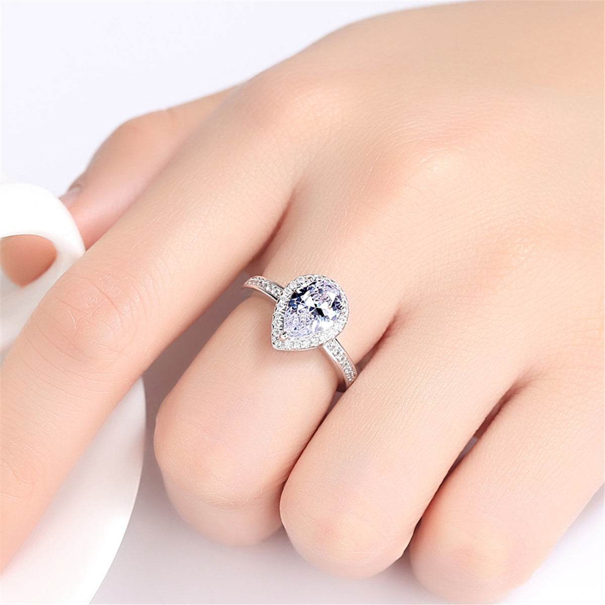 Blue Crystal & Cubic Zirconia Teardrop Halo Ring-2