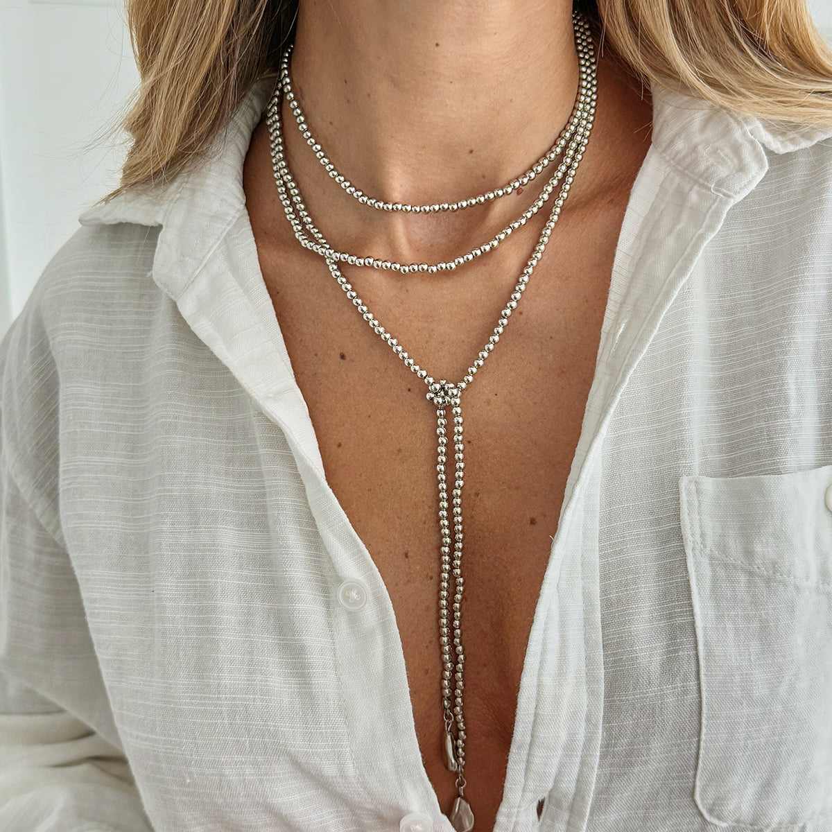 Silvertone Drop Bead Chain Necklace