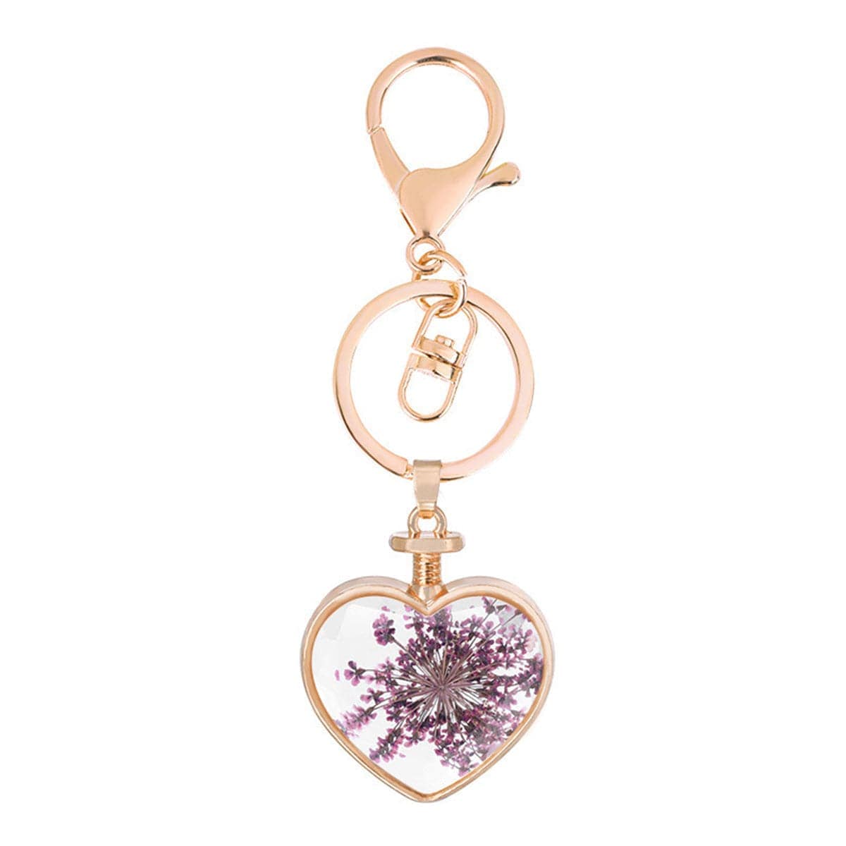 Purple Pressed Baby'S Breath & Goldtone Heart Key Chain