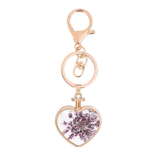 Purple Pressed Baby'S Breath & Goldtone Heart Key Chain