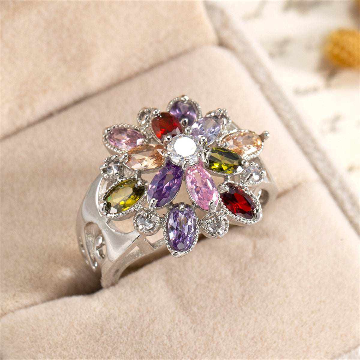Jewel-tone Crystal & Cubic Zirconia Oval-Cut Flower Ring-1