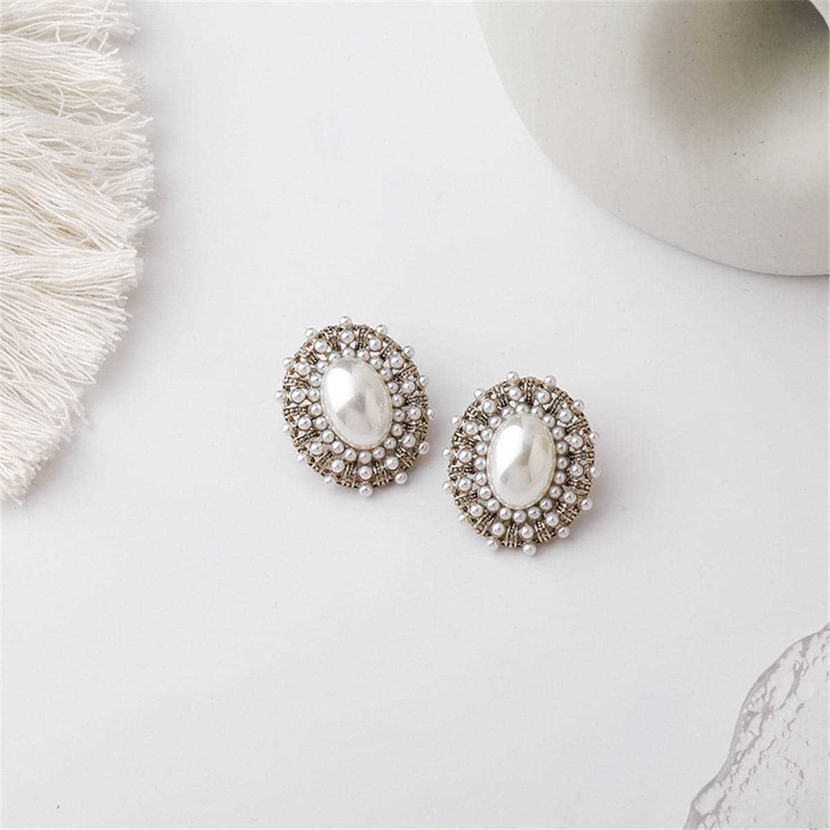 Pearl & Silvertone Oval Stud Earrings