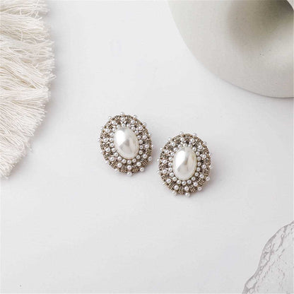 Pearl & Silvertone Oval Stud Earrings