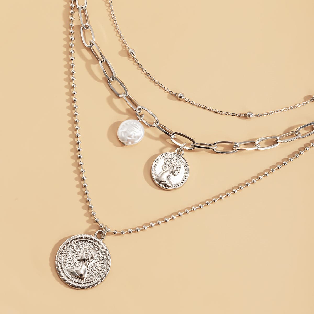 Pearl & Silvertone Coin Cable Chain Necklace Set
