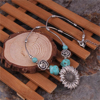 Turquoise & Silvertone Sunflower Pendant Necklace