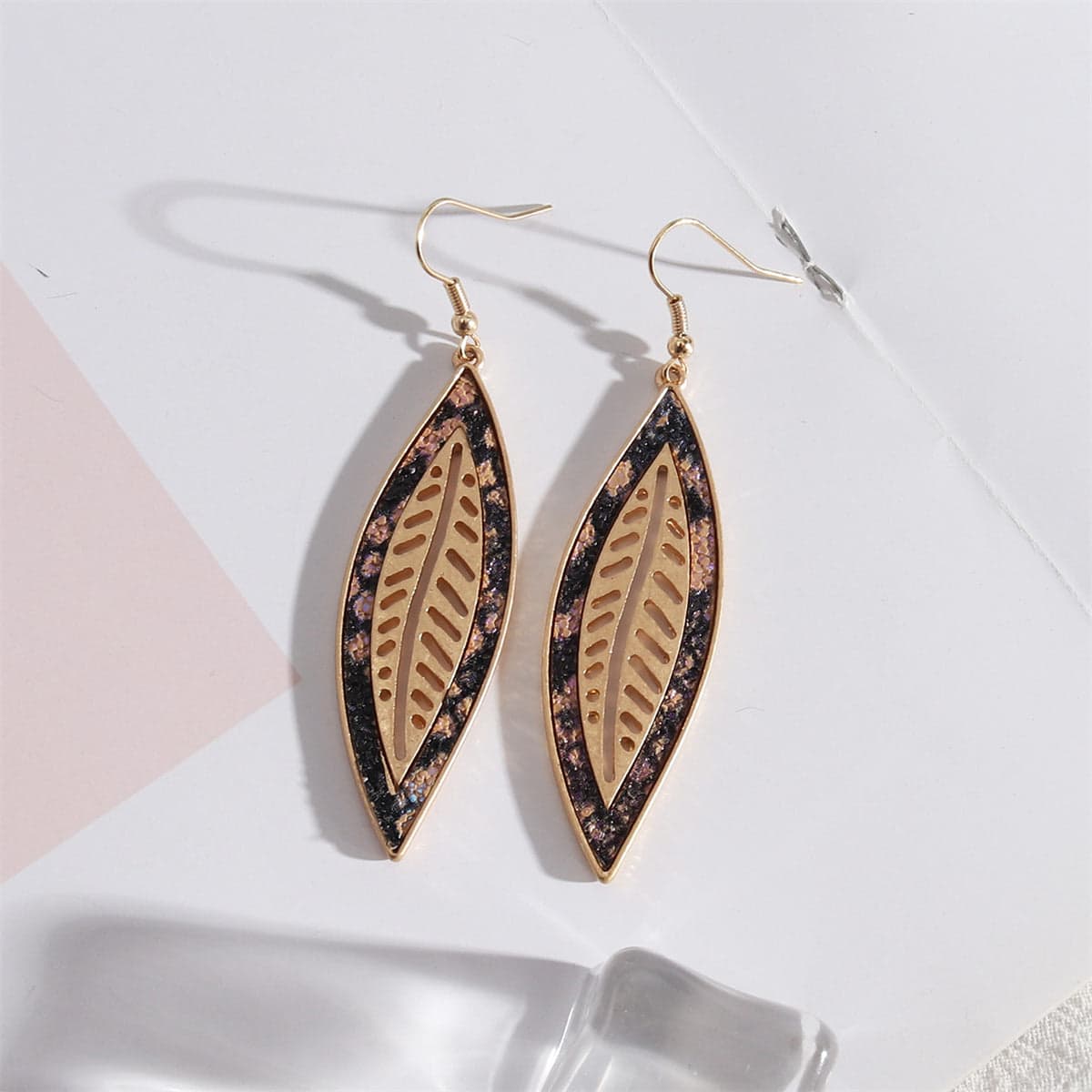 Purple Polyurethane & Goldtone Spotted Leaf Drop Earrings