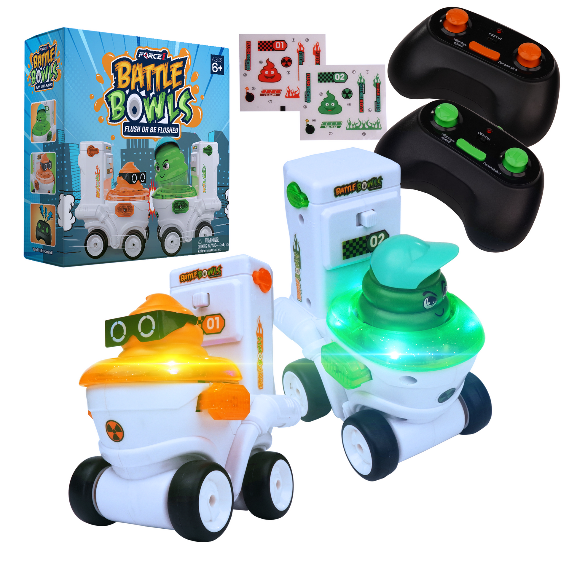 White, green, orange car and black remote-