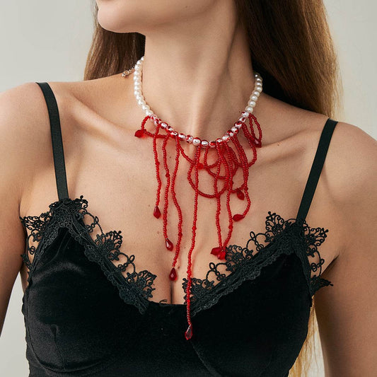 Red Acrylic & Enamel Pearl Silvertone Tassel Necklace