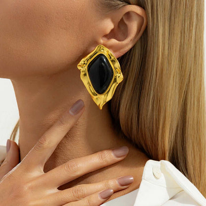 Black Resin & Goldtone Wrinkled Rhombus Stud Earrings