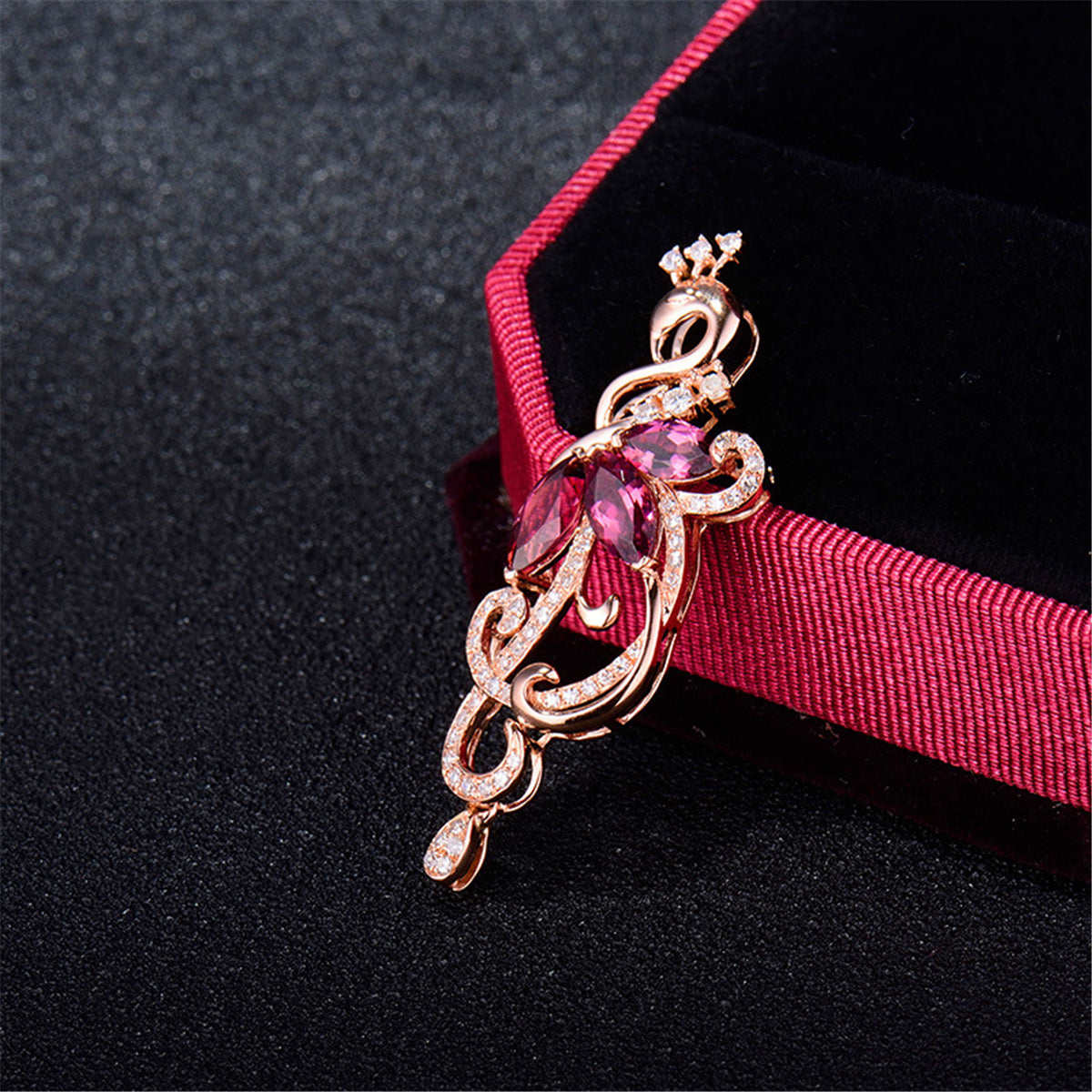 Red Crystal & Cubic Zirconia Pear-Cut Peacock Pendant Necklace