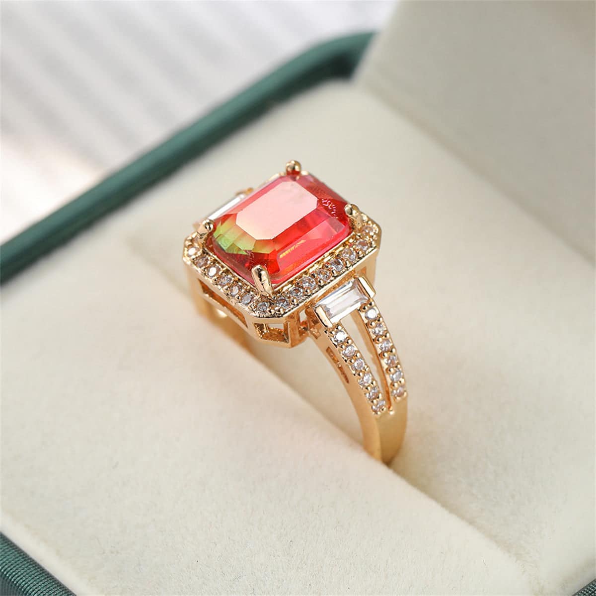 Red Crystal & Cubic Zirconia Princess-Cut Halo Ring-1